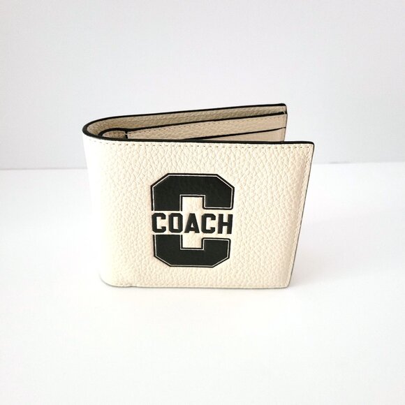 Coach CAK48 3 In 1 Varsity Pebbled Leather Billfold Bifold Wallet Chalk Black - Picture 1 of 8